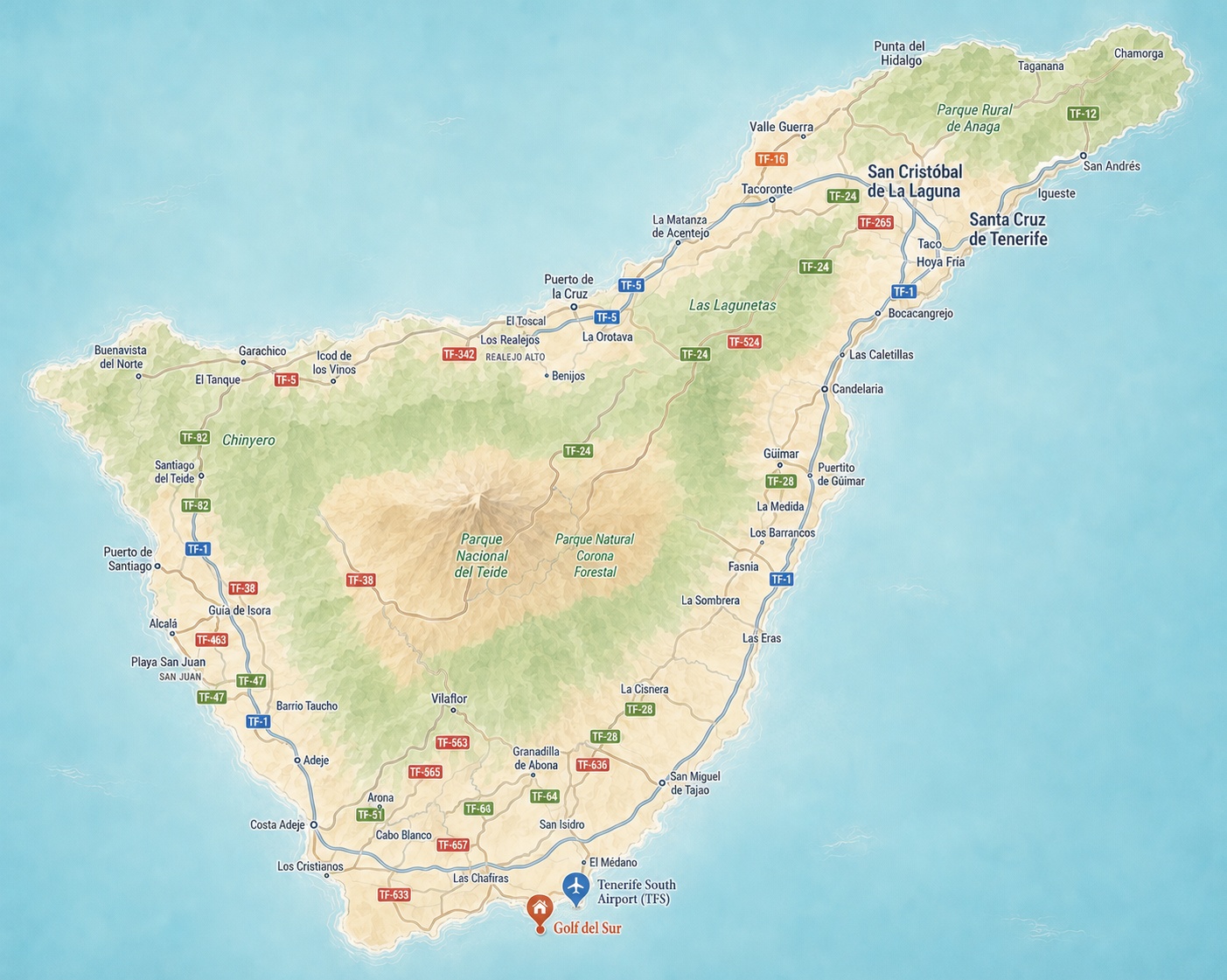 Illustrated map of Tenerife showing Golf del Sur, Tenerife South Airport and the apartment location